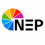 NEP logo with a circular rainbow-colored segmented design to the left of bold black letters NEP.