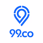 Blue location pin icon with number 99.co below it in matching blue text.