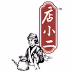 Sketch of a person pouring tea from a kettle beside vertical Chinese characters in a red frame.