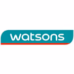 Watsons brand logo in lowercase white text on teal background with a red underline.