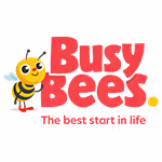 Smiling cartoon bee next to red text Busy Bees and tagline The best start in life.