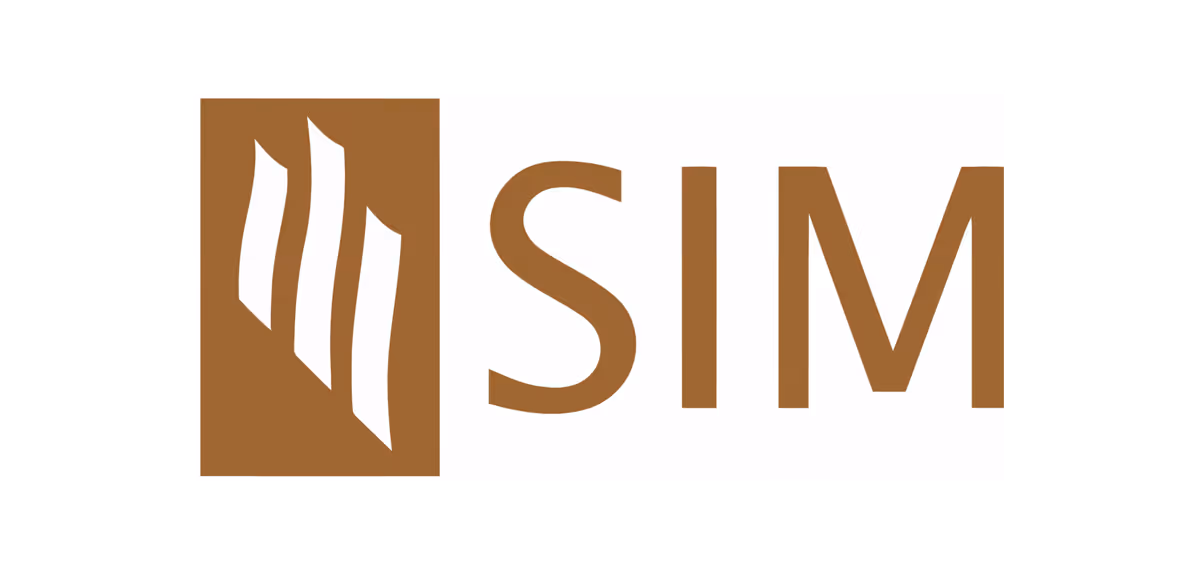 SIM company logo with brown stylized vertical shapes and text on white background.