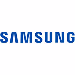 Samsung company logo in blue text on a white background.