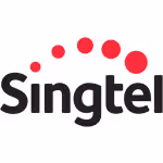 Singtel company logo with red dots arching above black text.