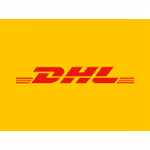 DHL logo with red letters on a yellow background.
