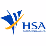 Health Sciences Authority logo with blue shapes and an orange swoosh.
