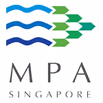 Logo with three blue waves and four green arrows pointing right above text MPA Singapore.