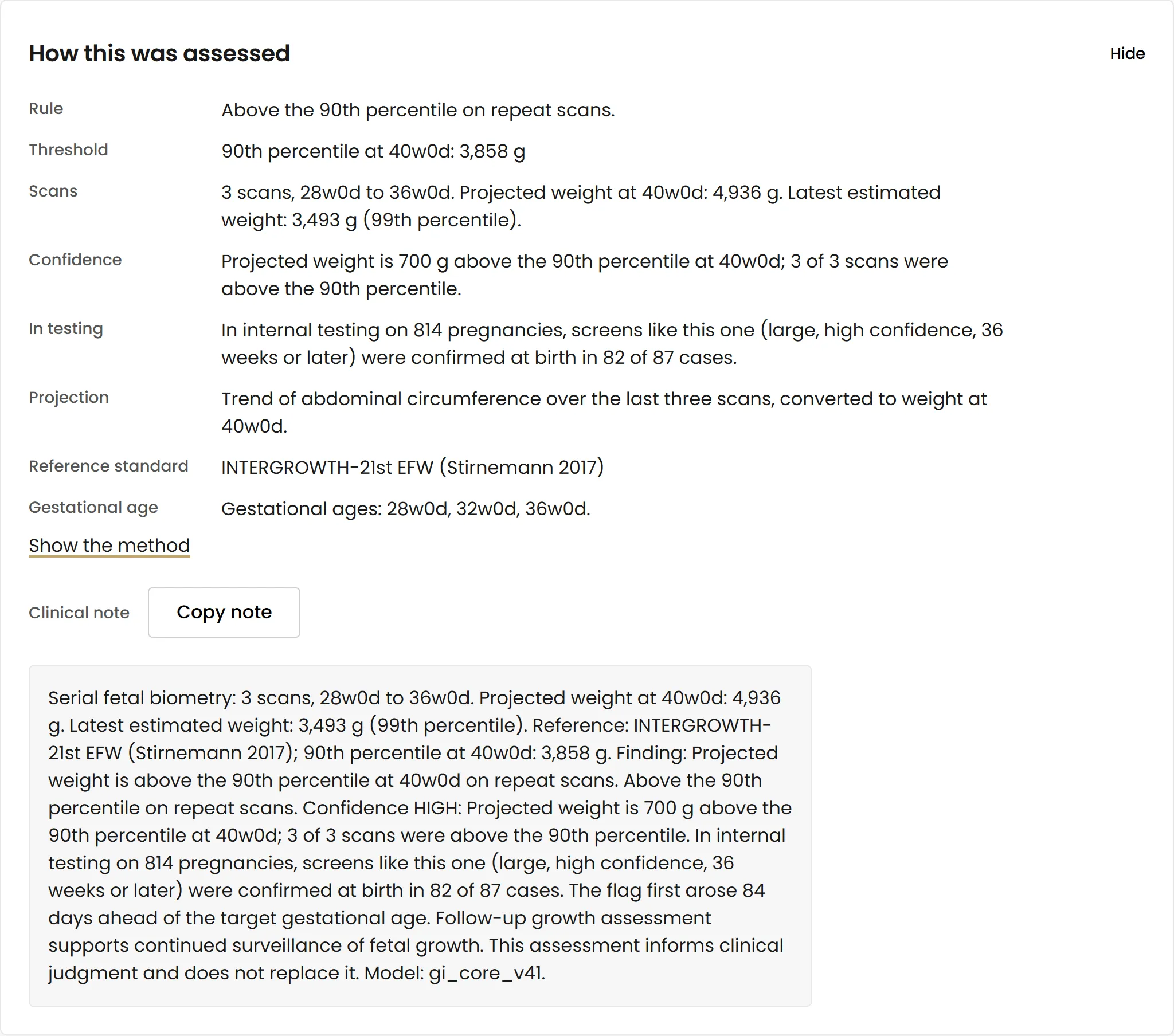 How this was assessed panel: rule, threshold, scans, confidence, validation record, and a clinical note to copy.