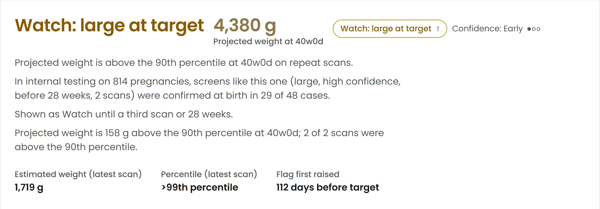 Patient screen for J. Nakamura at 27 weeks: Watch, large at target, Confidence: Early, with the validation line visible.