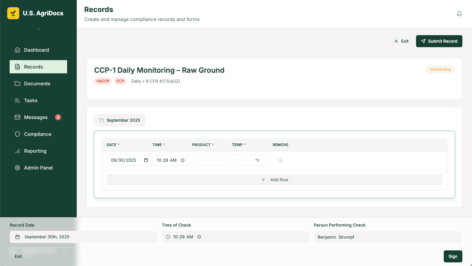 U.S. AgriDocs interface showing CCP-1 Daily Monitoring form for raw ground with date, time, product, and temp fields.