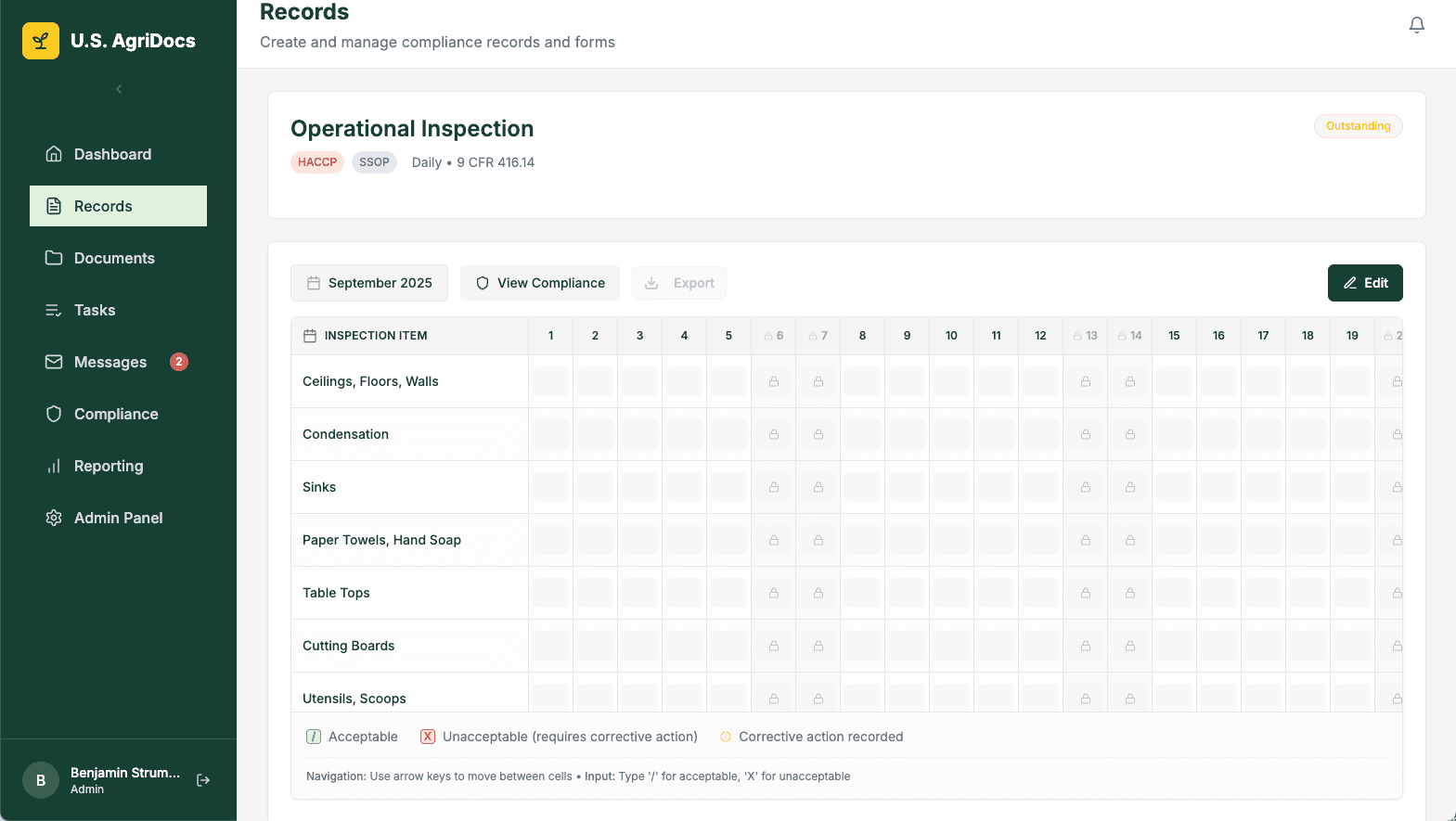 Dashboard screen showing operational inspection compliance records for September 2025 with inspection items listed.