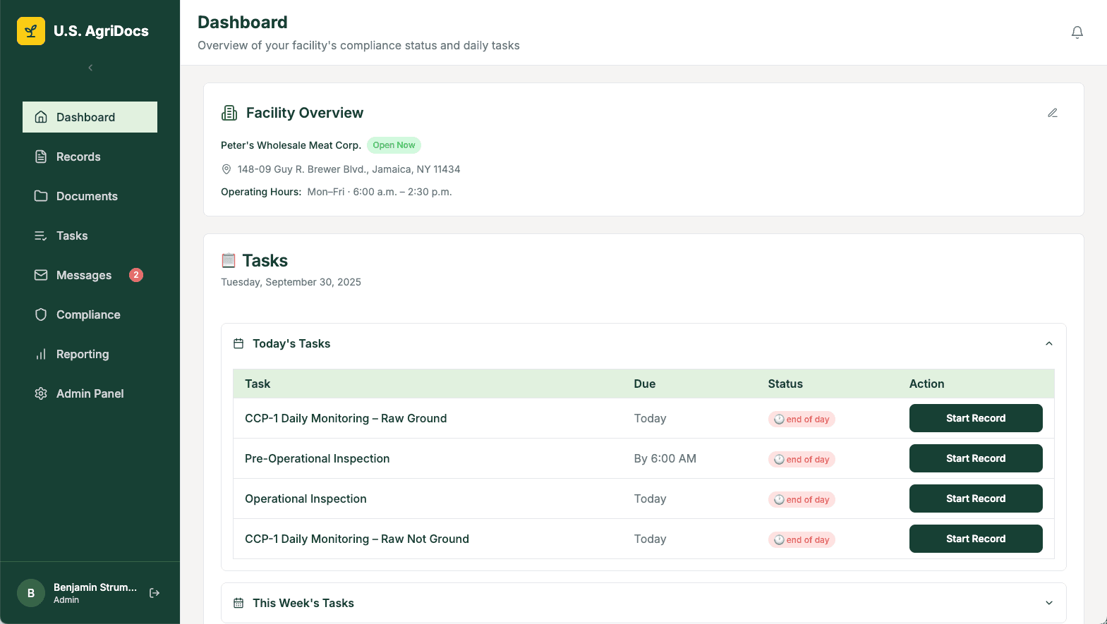 Dashboard of U.S. AgriDocs showing facility overview and four daily tasks with deadlines and start buttons.