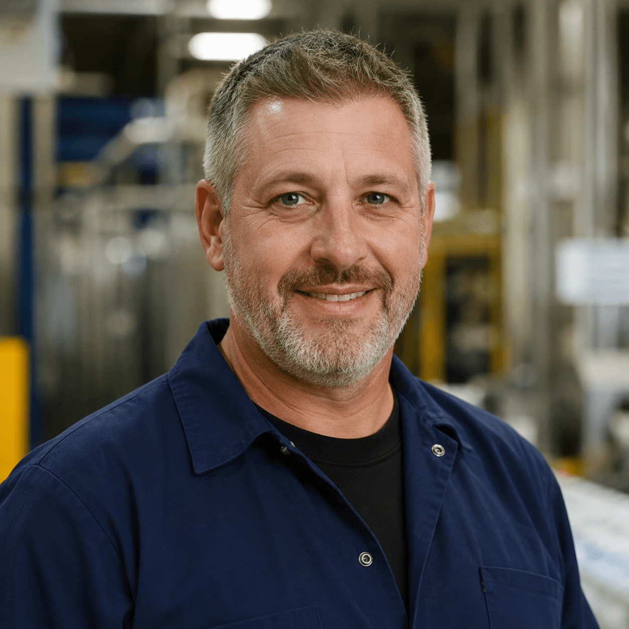 Smiling middle-aged man with gray beard wearing a dark blue work shirt in an industrial setting.