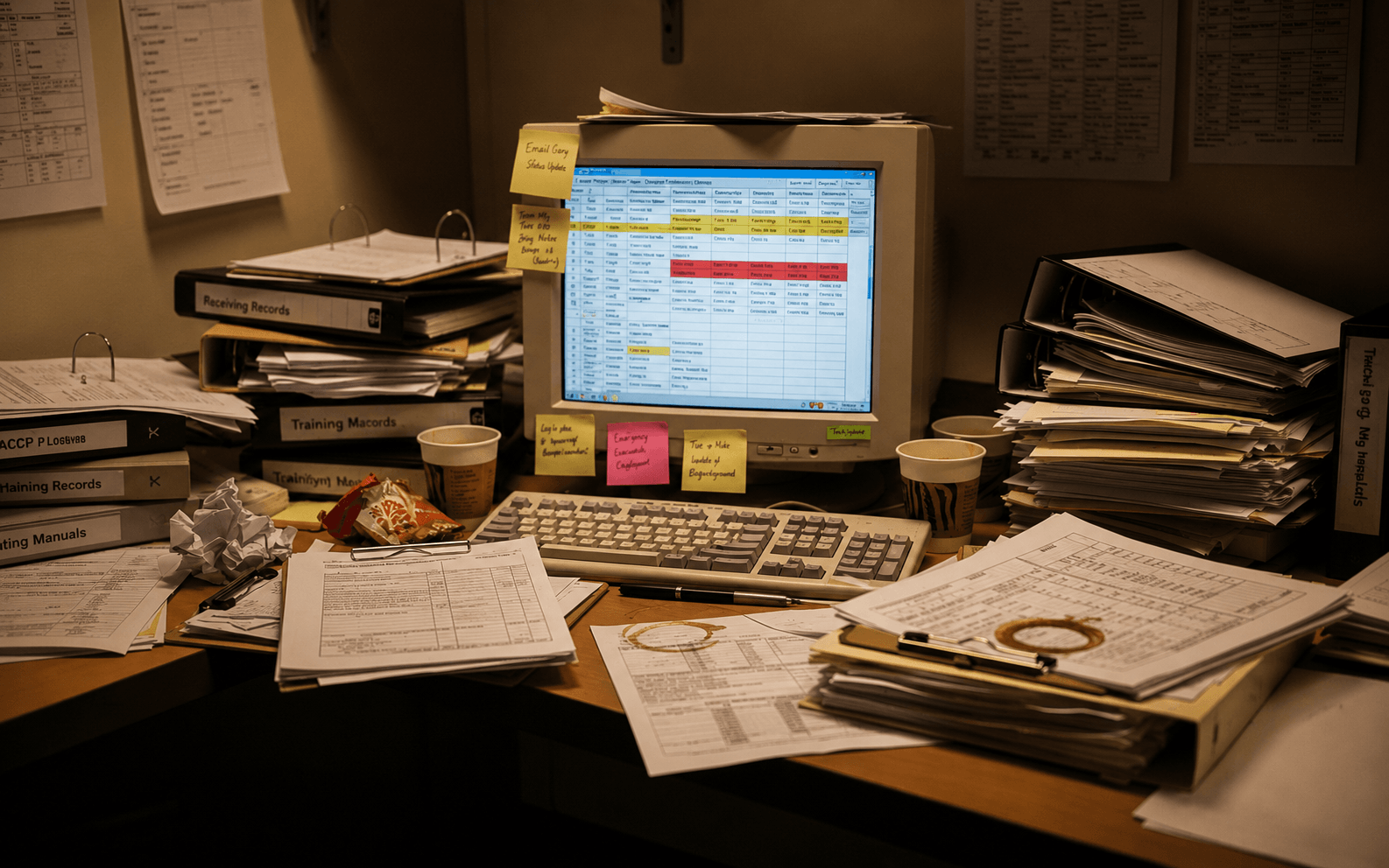Cluttered office desk with a computer, stacks of papers, binders, and coffee cups.
