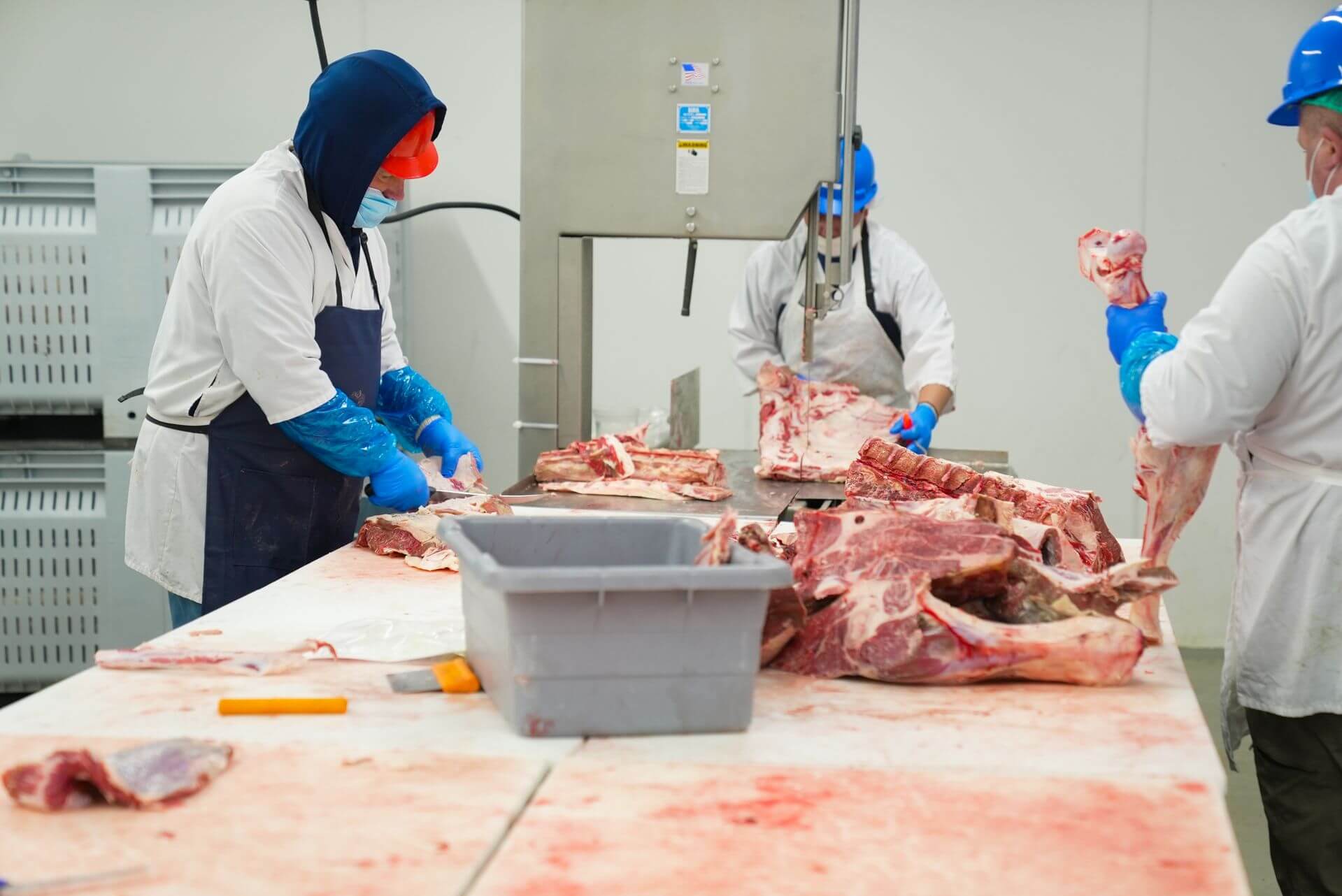 Workers in protective gear cutting large pieces of raw meat on a table in a processing facility.