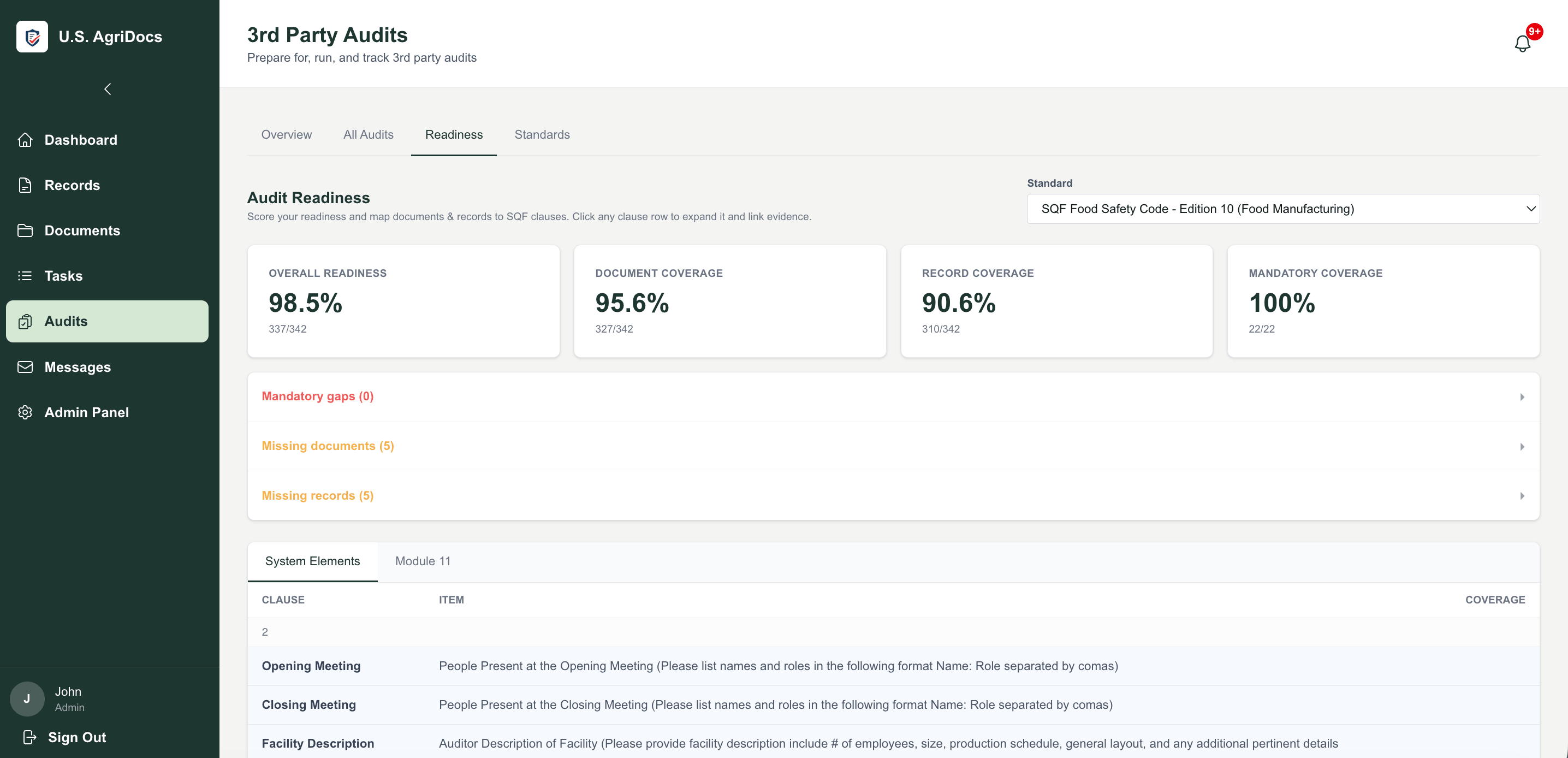 U.S. AgriDocs 3rd Party Audits dashboard showing audit readiness with coverage percentages and missing items.