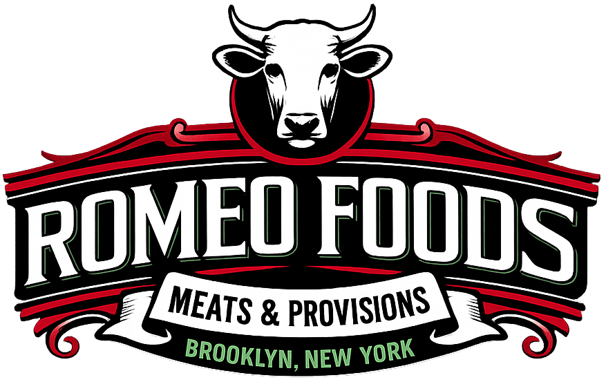 Logo for Romeo Meats with a tiger head and tagline purveyors to NY's best restaurants.
