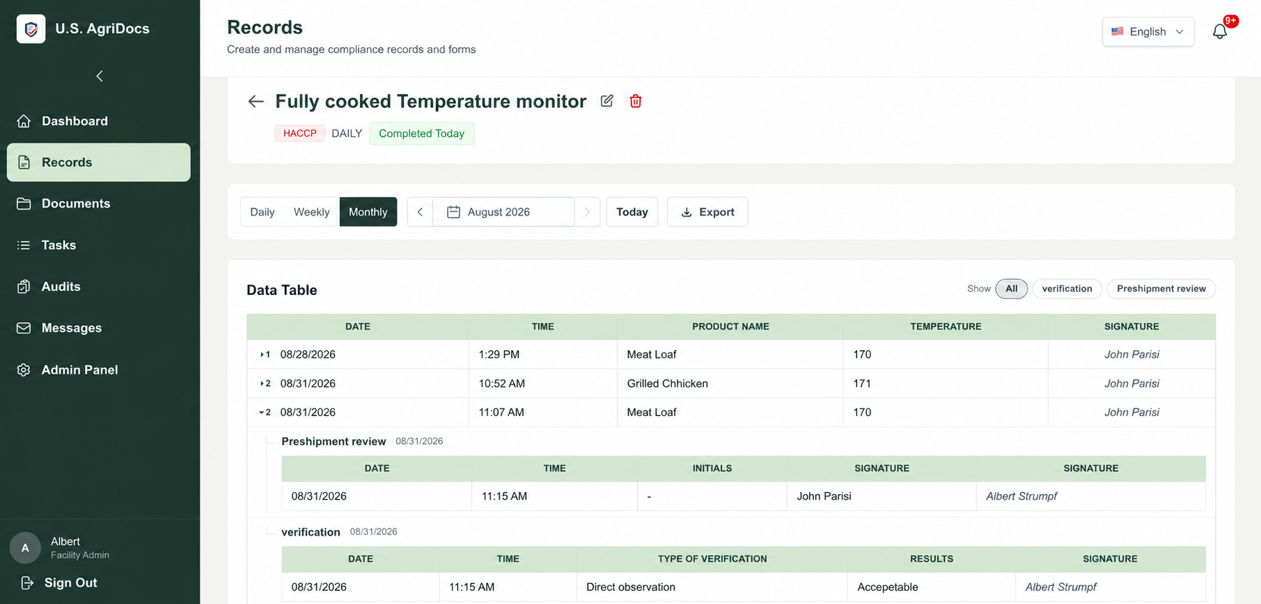 U.S. AgriDocs dashboard showing Records creation options: Build, Use Template, or Upload Form with AI conversion.
