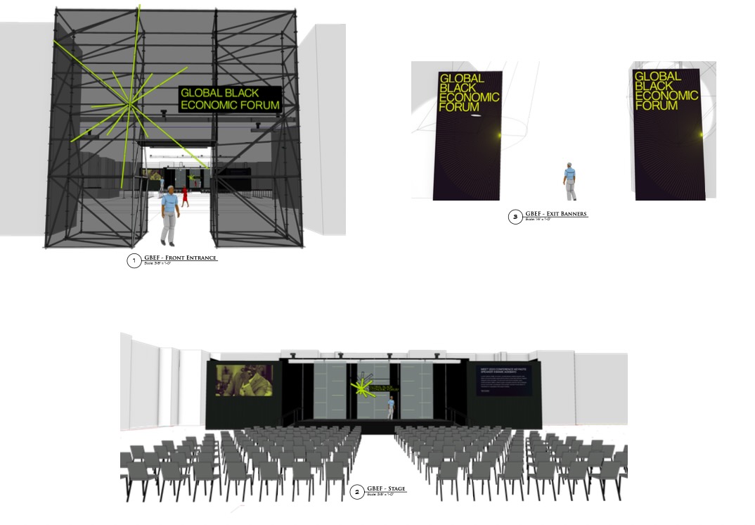 Global Black Economic Forum scaffold-built illuminated front entrance render — Essence Festival of Culture