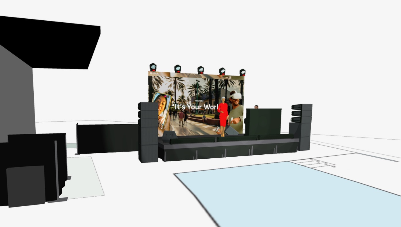 Front-view render of the Meta Miami activation build: LED wall displaying "It's Your World" at the pool stage, with speaker stacks and lighting rig.