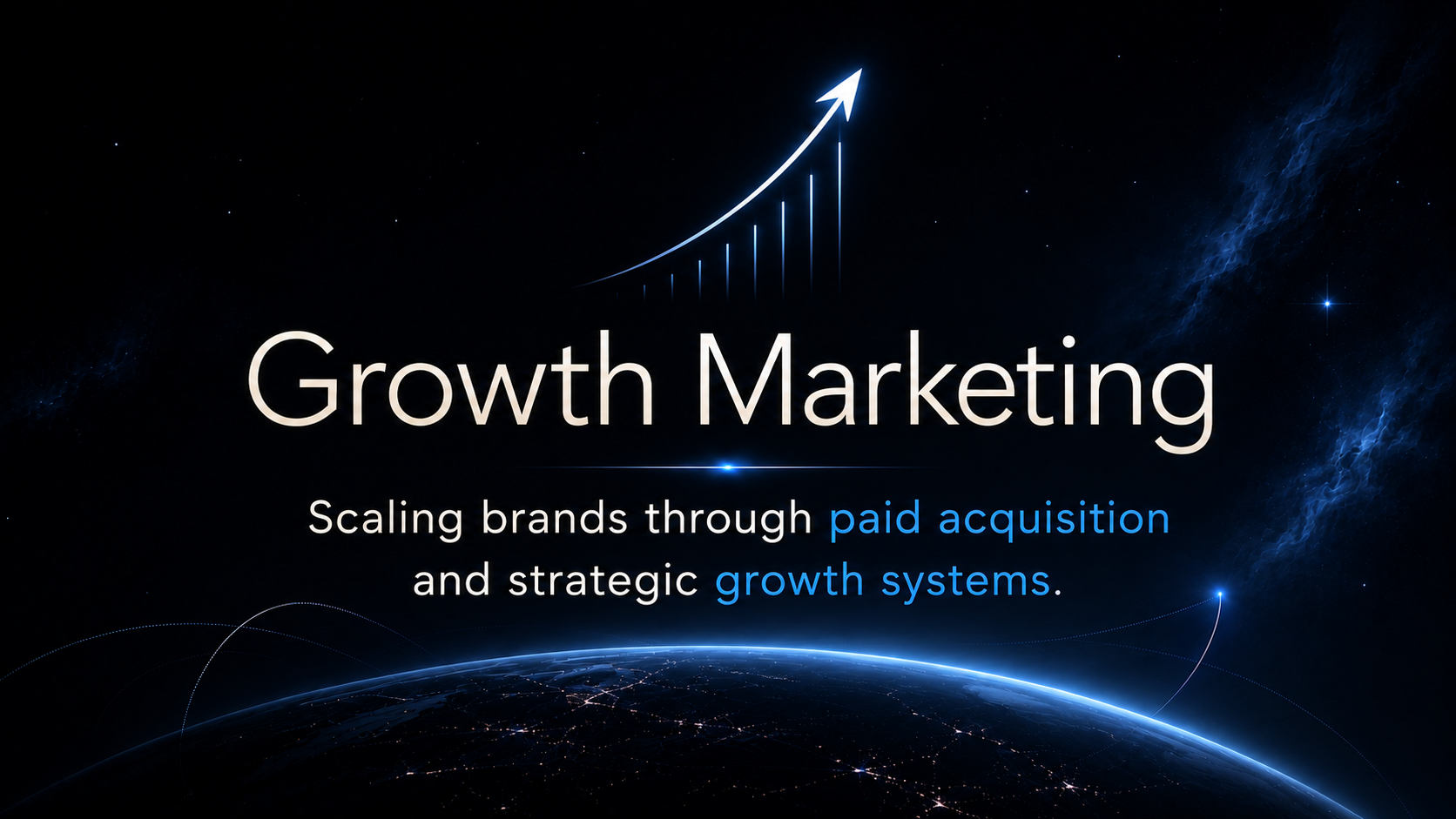 Text 'Growth Marketing' above Earth with a rising arrow and words on brand scaling strategies.