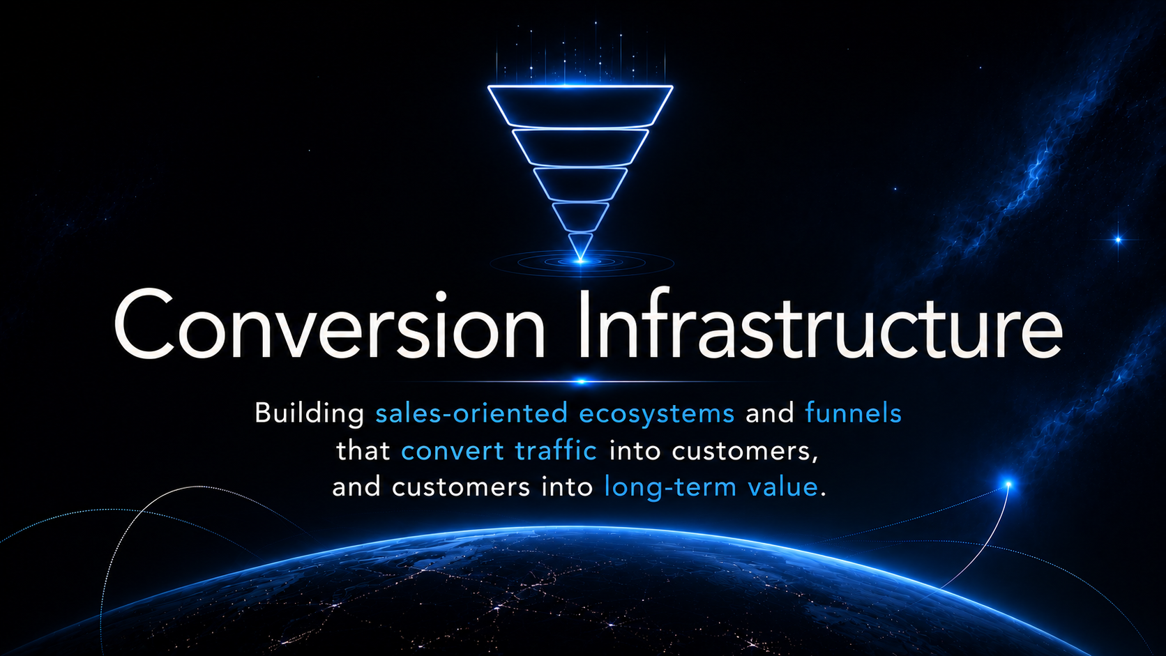 Glowing blue funnel above Earth with text on sales ecosystems, funnels, traffic conversion, and value.