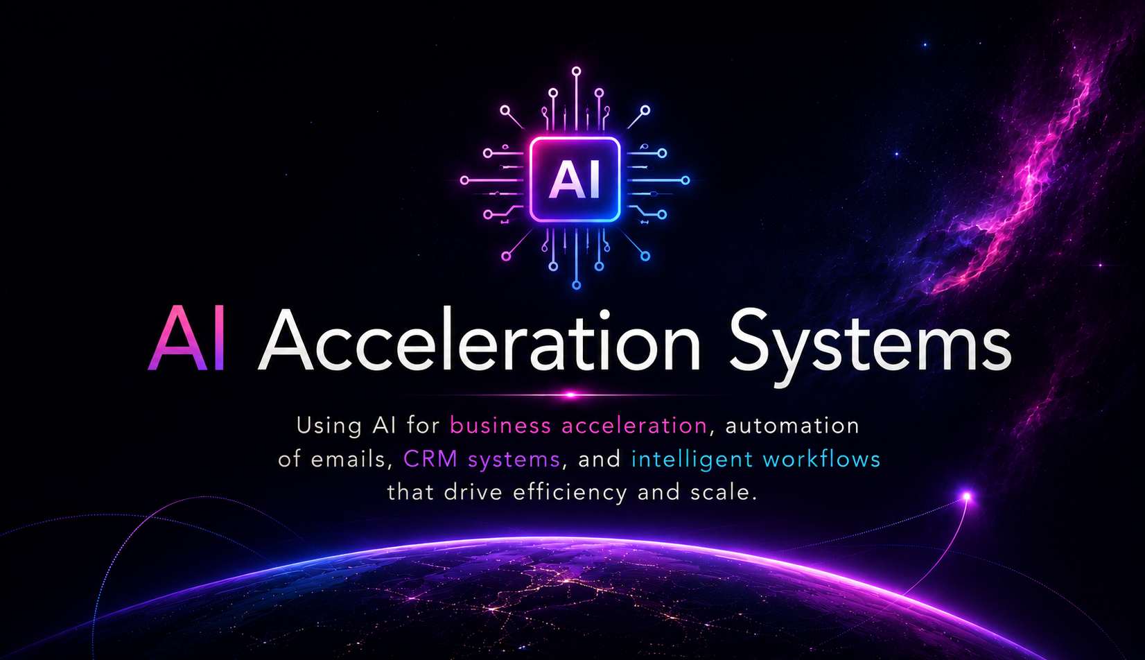 Glowing AI chip above Earth with text about AI acceleration systems for business automation.