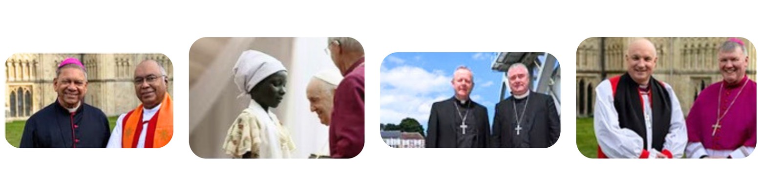 Four photographs of Anglican and Roman Catholic bishops at ecumenical meetings, from the Shared Stories video series.