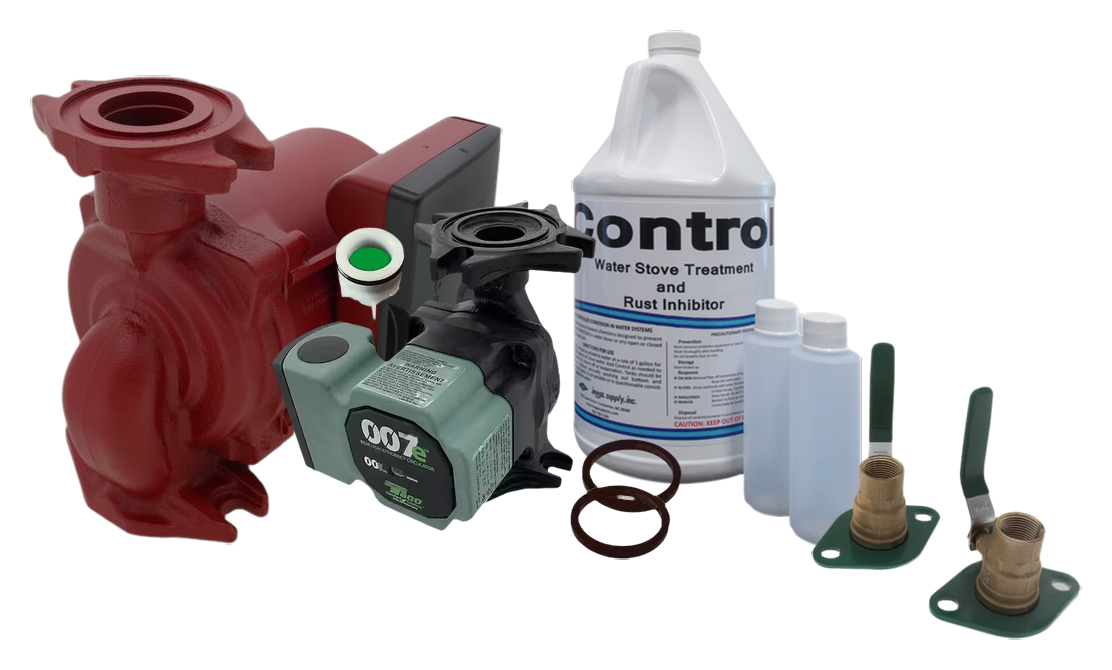 Circulator pump and installation parts for wood boiler systems