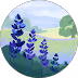 Purple lupine flowers in a round window scene with green hills and blue sky.
