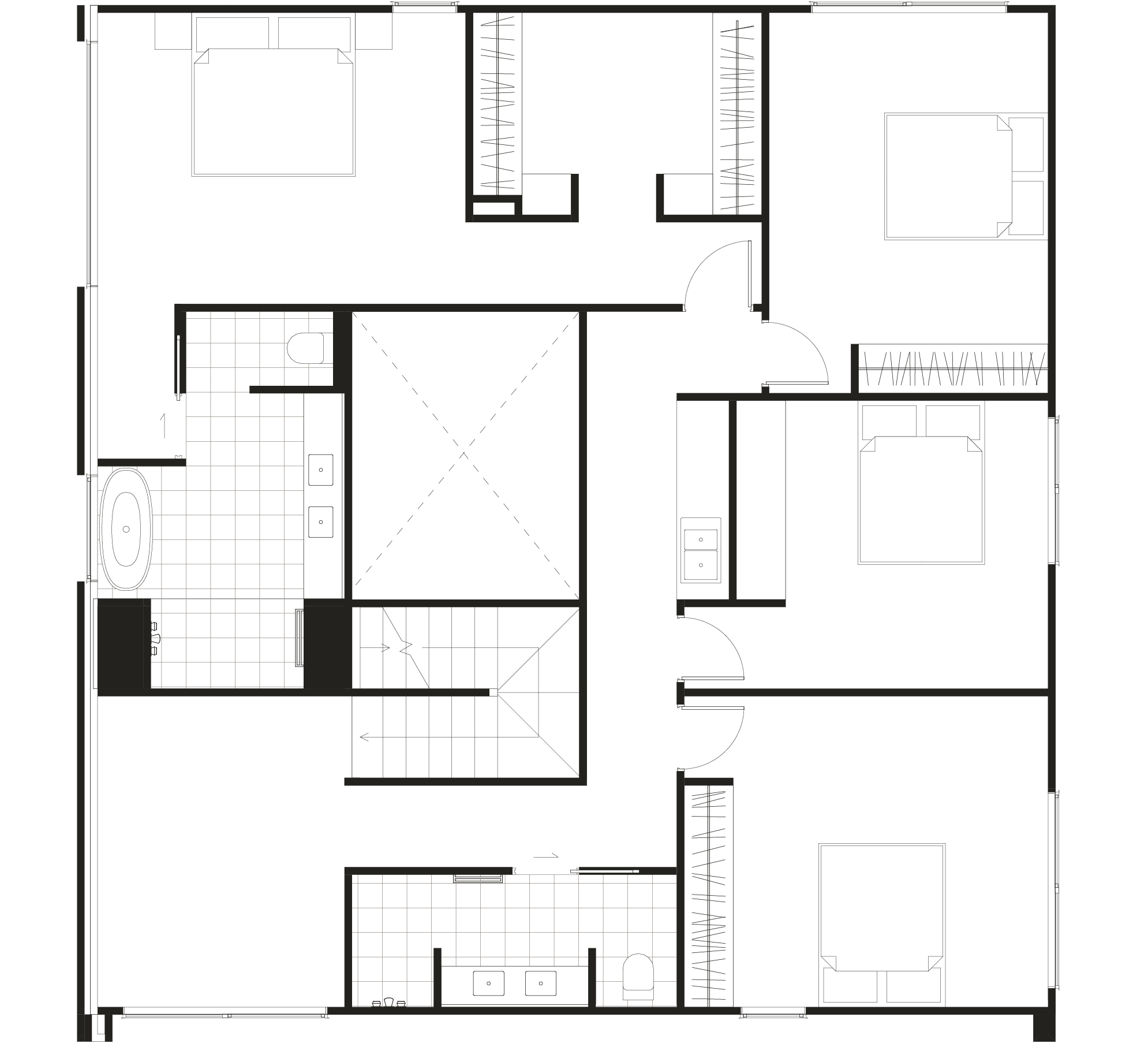 Level 1: four bedrooms and two bathrooms, including a dual-vanity ensuite with bath