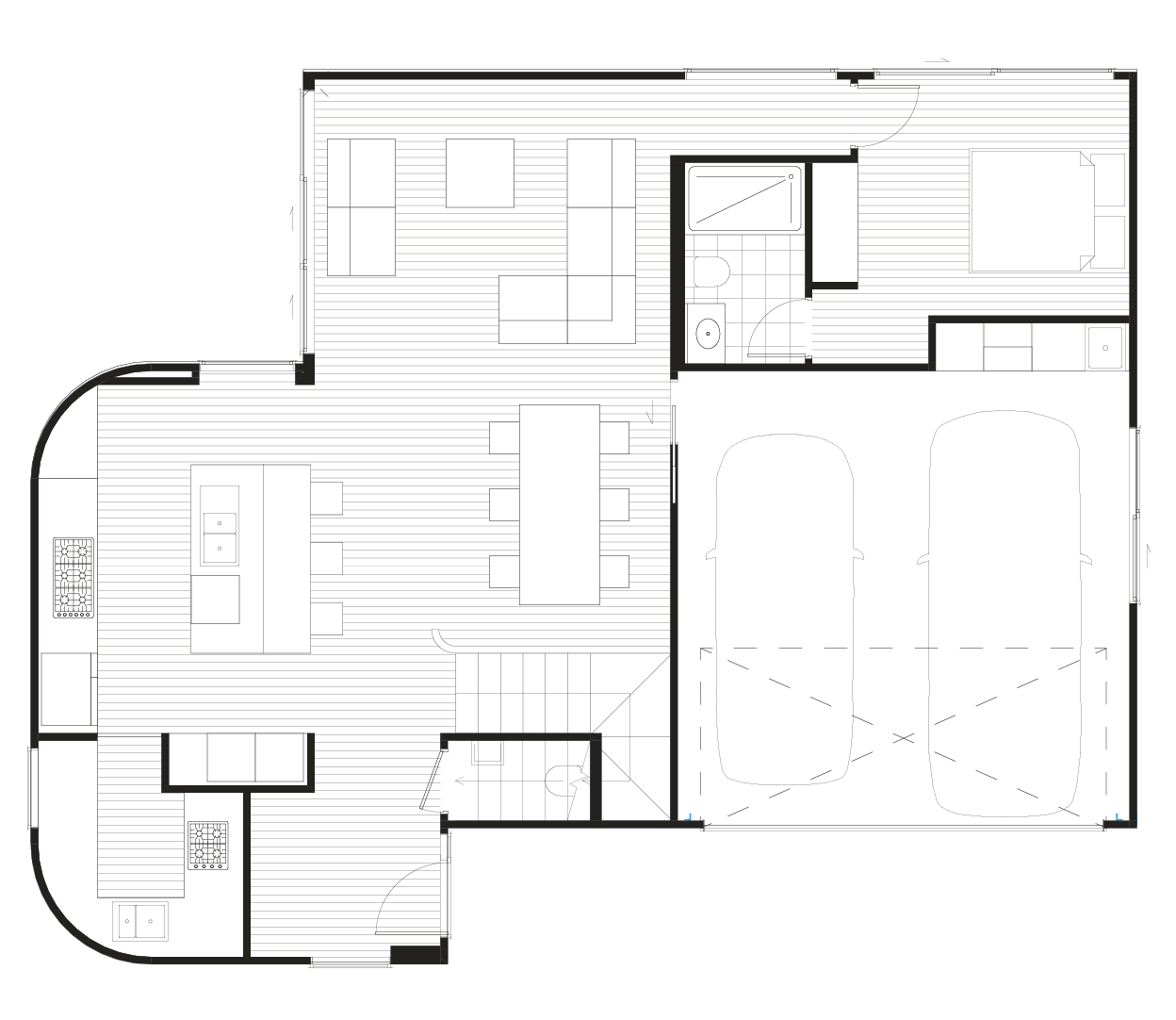Ground floor: open-plan kitchen, living and dining opening to outdoor space, one bedroom, one bathroom, and a double internal-access garage