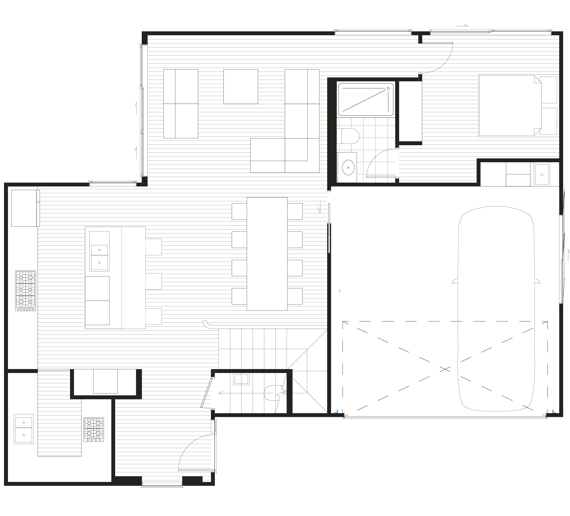 Ground floor: open-plan kitchen, living and dining, one bedroom, one bathroom, and a double internal-access garage