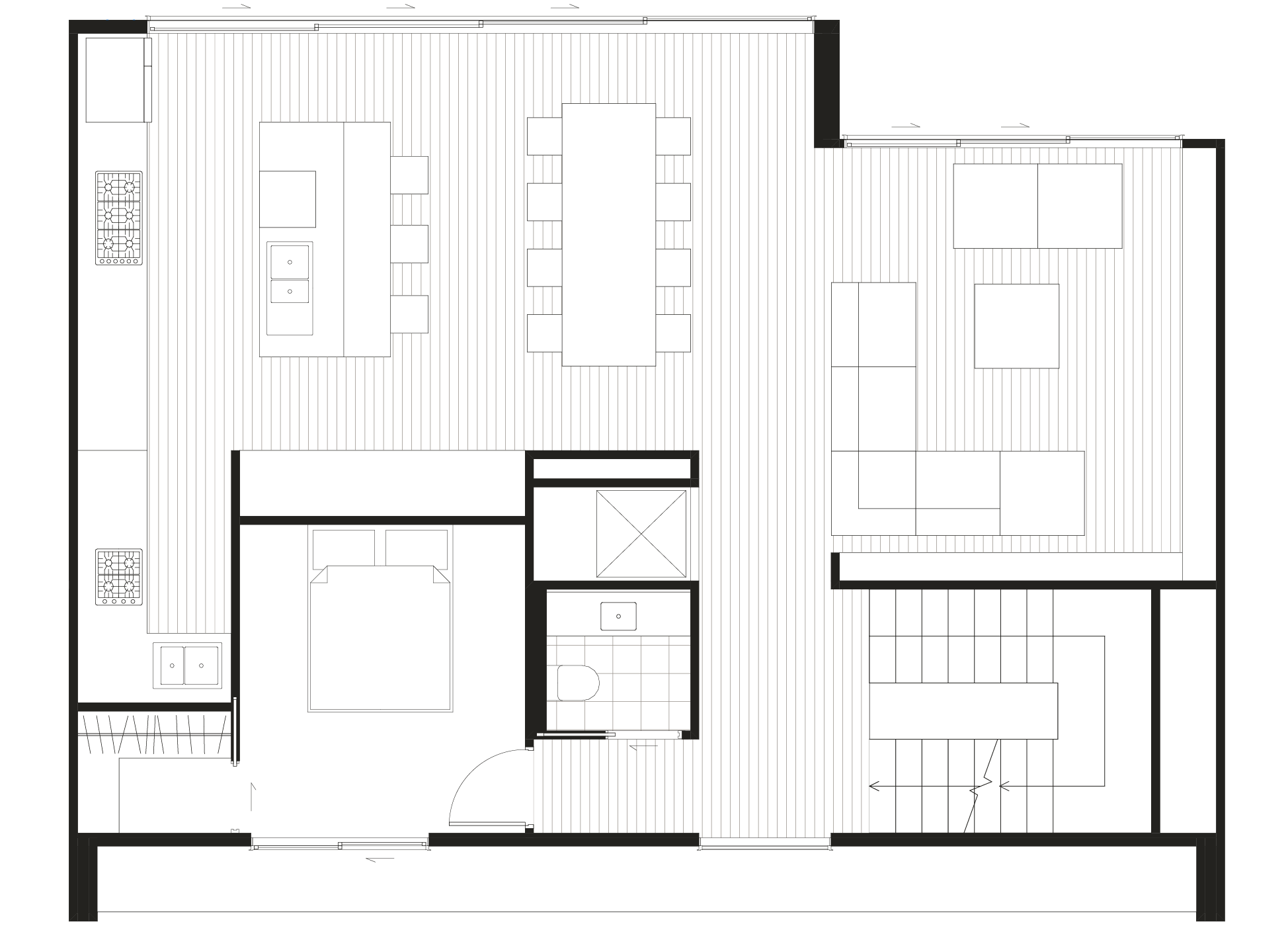 Level 1: open-plan kitchen, living and dining, one bedroom, and a powder room