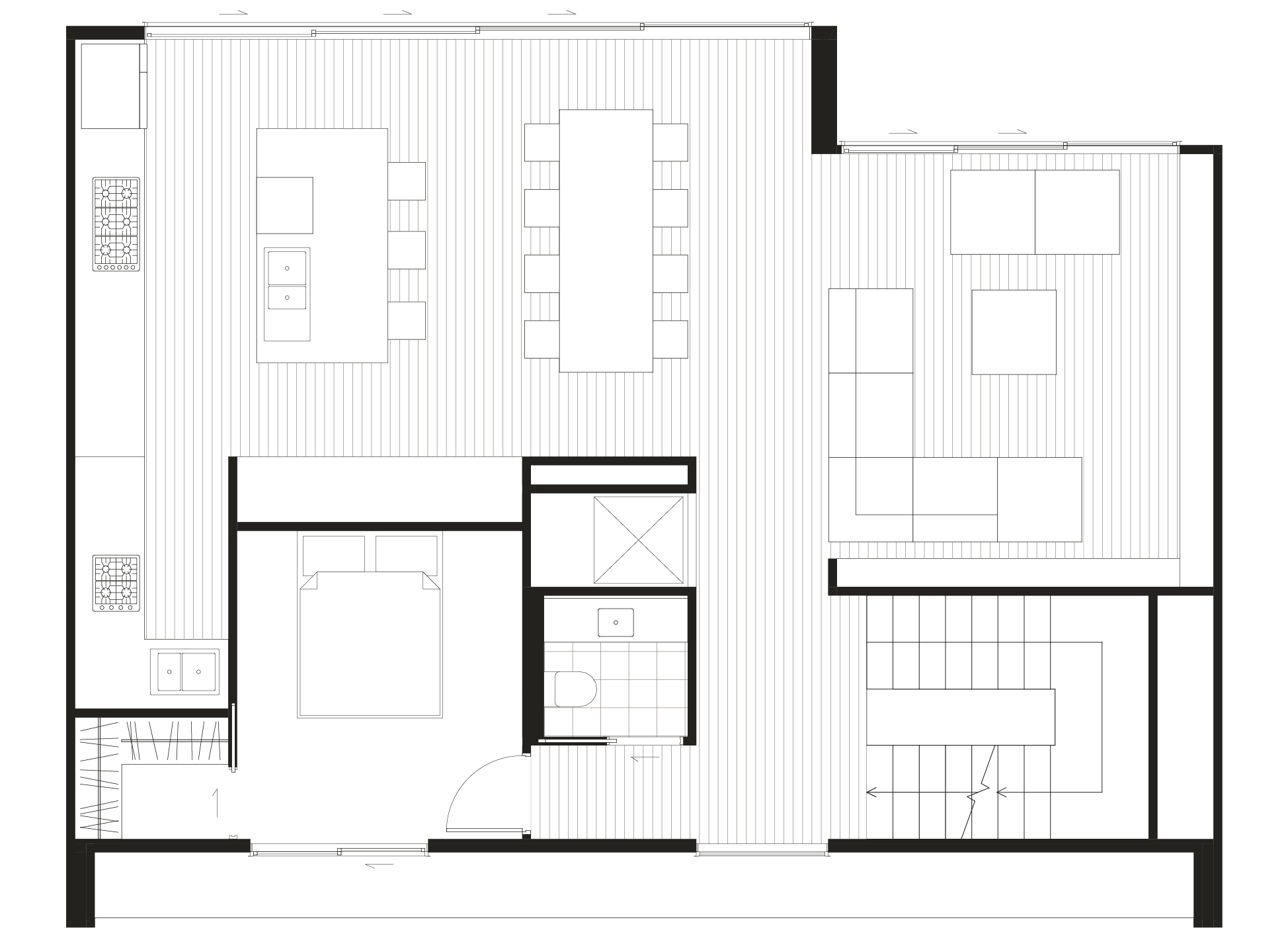Level 1: open-plan kitchen, living and dining, one bedroom, and a powder room