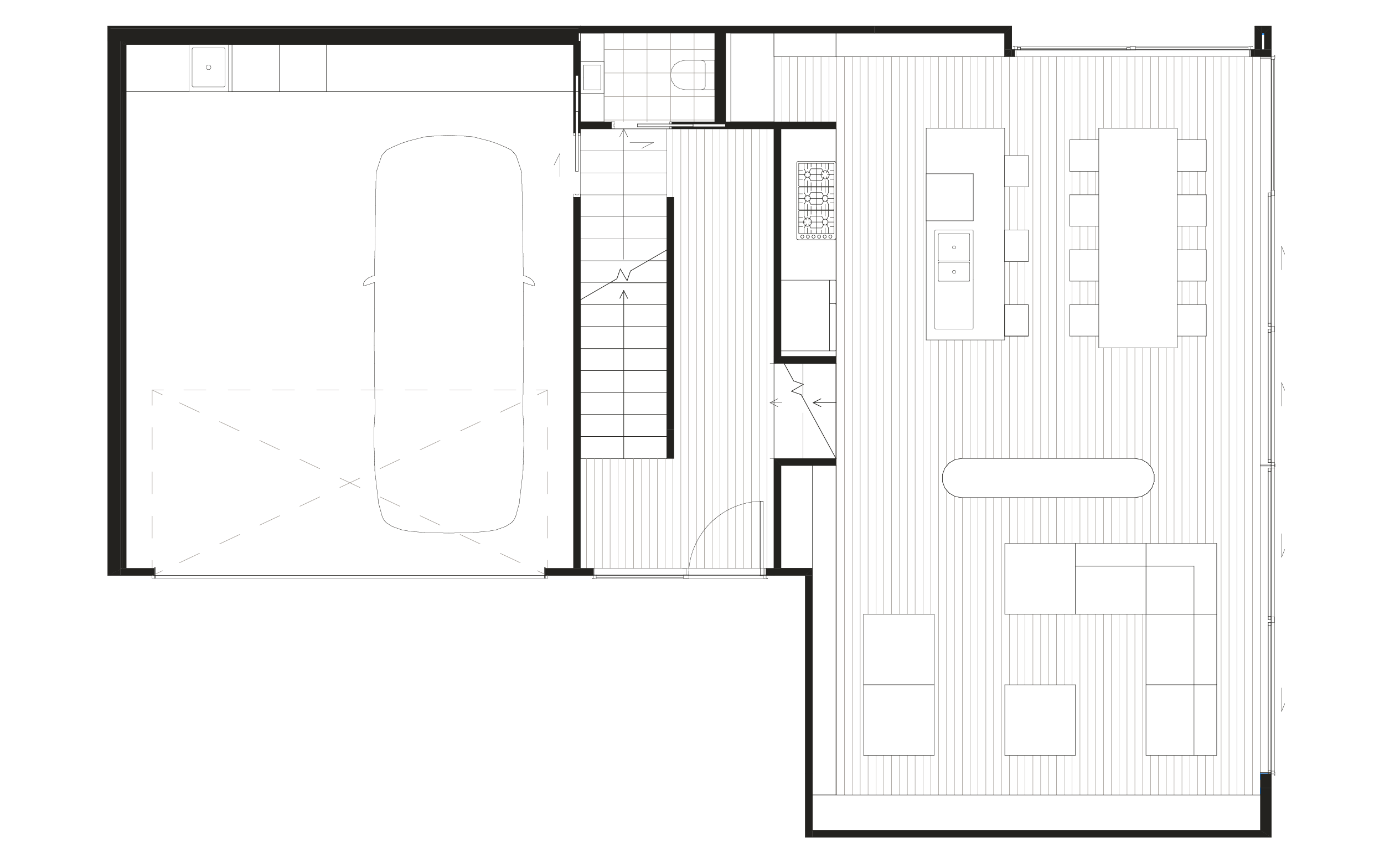 Ground floor: open-plan kitchen, living and dining, a powder room, and a double internal-access garage