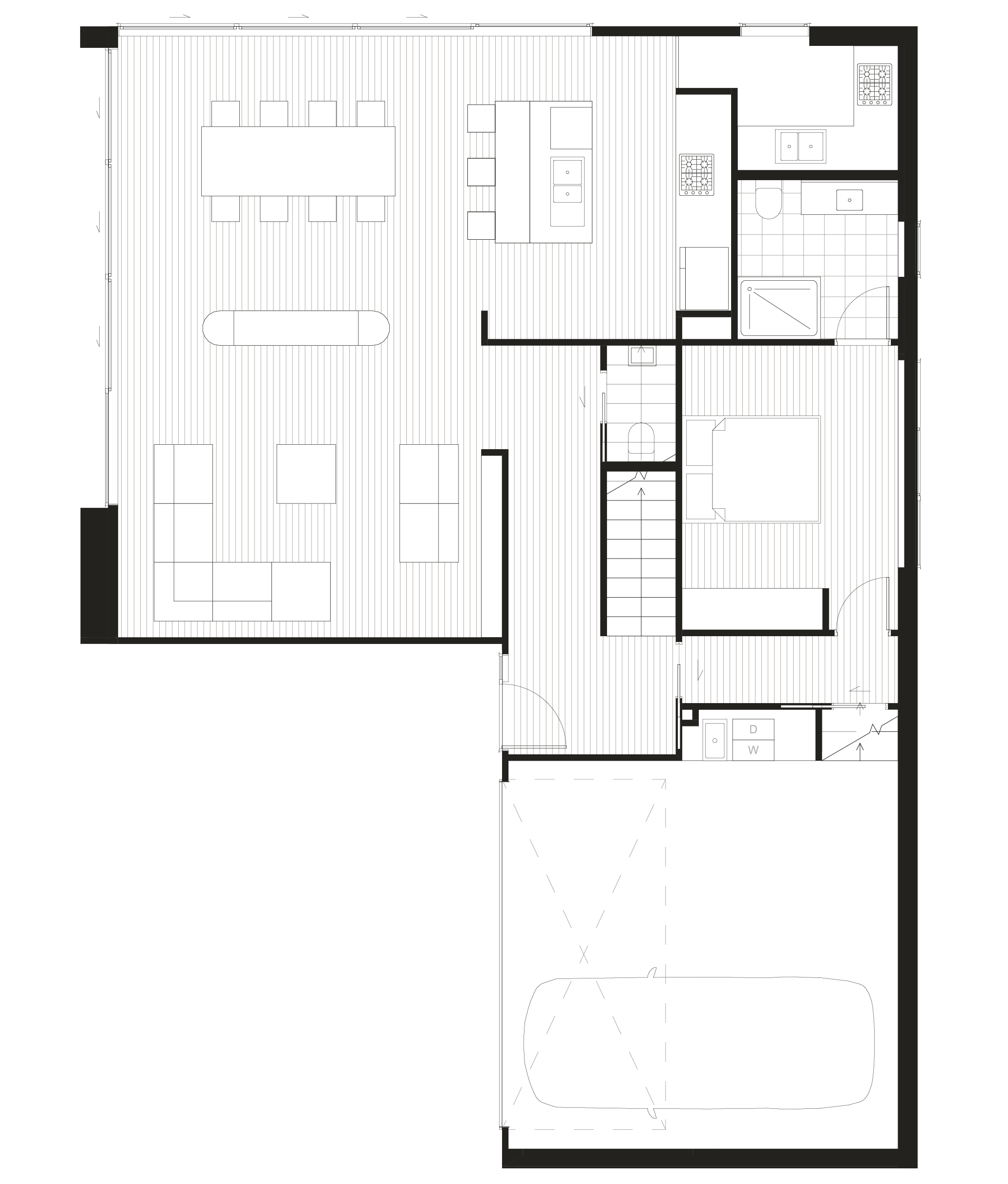 Ground floor: open-plan kitchen, living and dining, one bedroom, one bathroom, laundry, and a double internal-access garage
