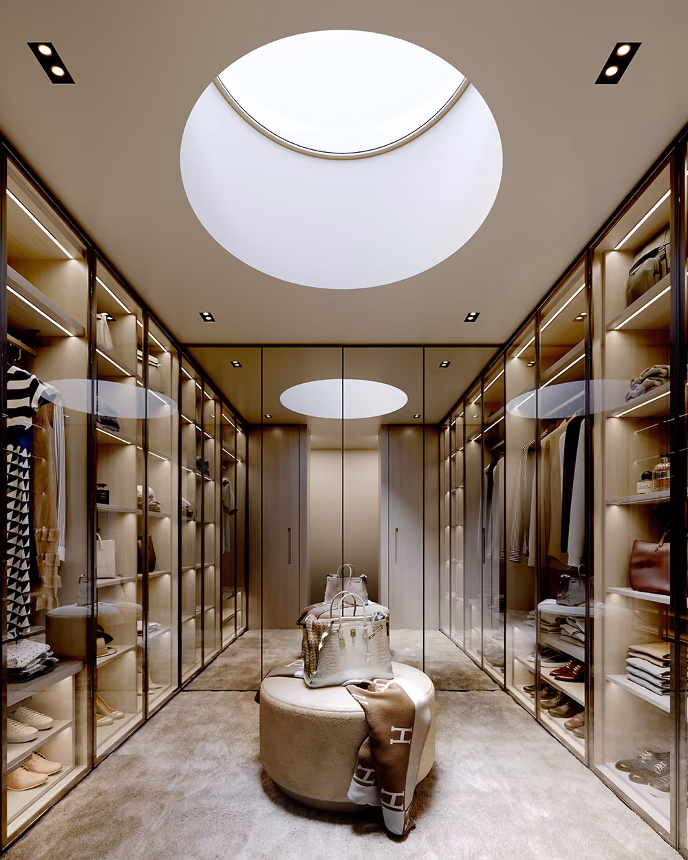 Walk-in wardrobe with glass-fronted joinery, integrated lighting and oval skylight