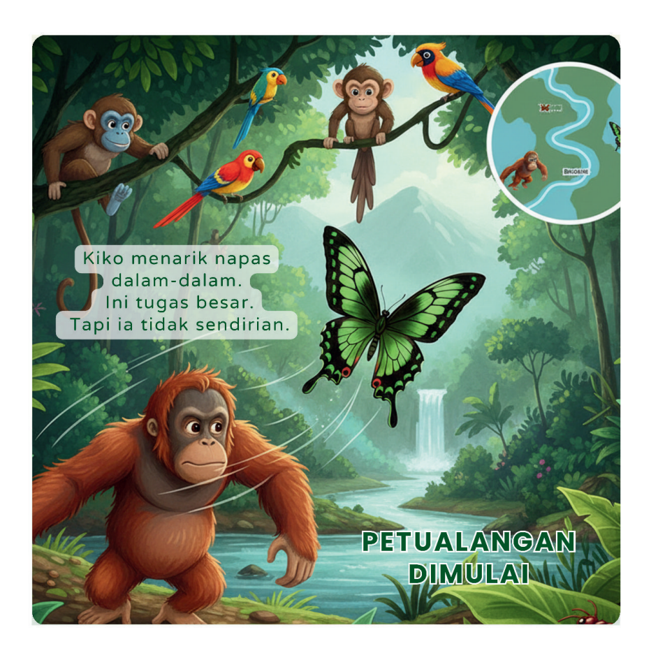 Orangutan and monkeys in jungle with colorful birds, butterfly, and waterfall background.
