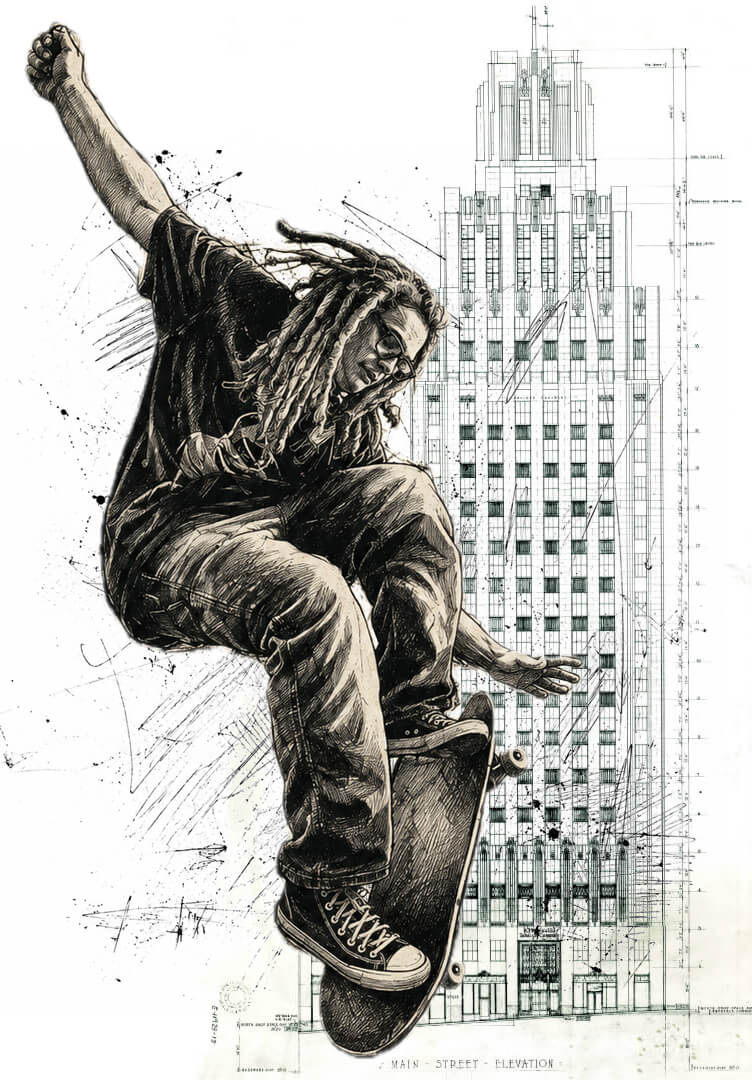 Illustration of a skater at the RJR HQ