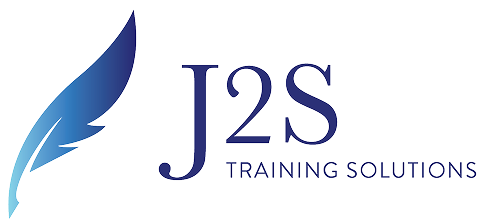 J2S Training Solutions logo with blue feather graphic and dark blue text.