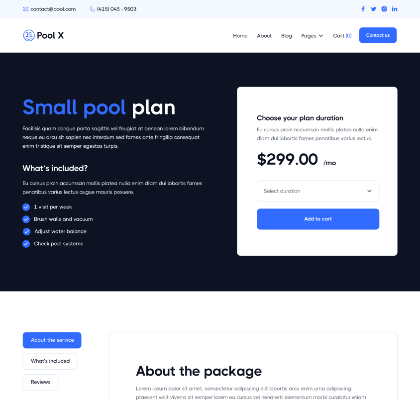 Pool X - Single Package Page - Pool Service Webflow Template