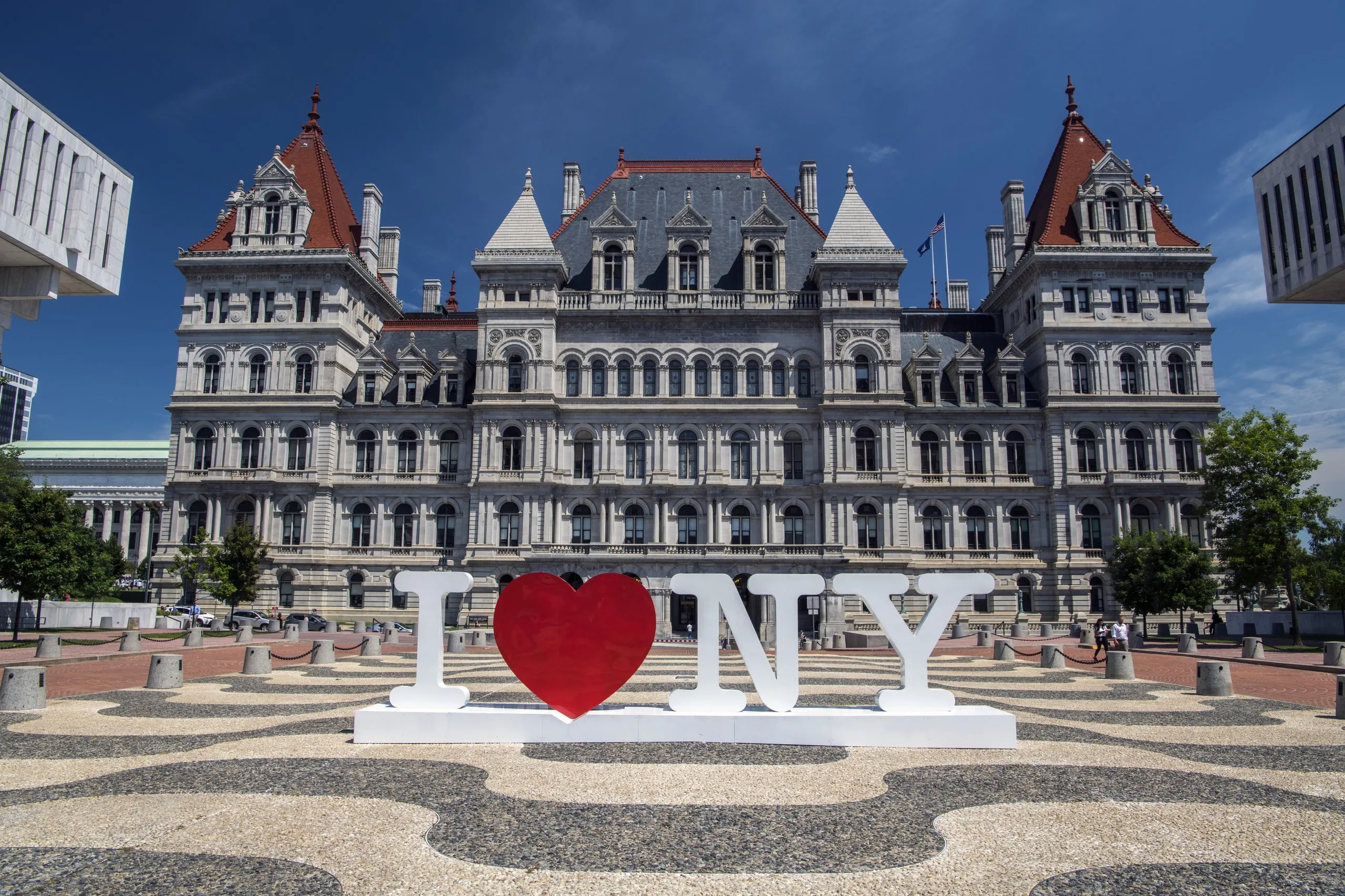 New York State Capitol in Albany with I Love NY sculpture