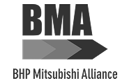 BMA company logo, text 'BMA' on top, with three joined chevrons in the middle, then text 'BHP Mitsubishi Alliance' on the bottom