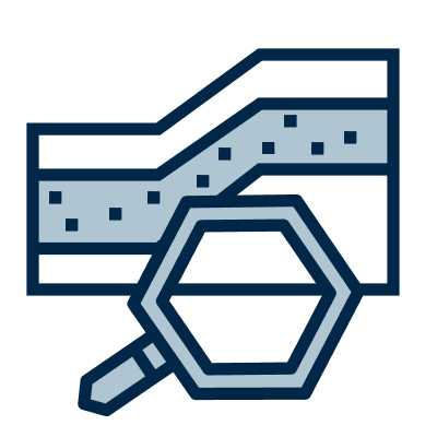 Illustration of magnifying glass examining soil layers with dotted layer indicating texture to represent 'Exploration Drilling'.