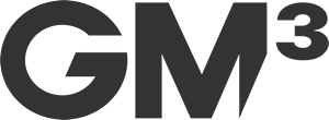 GM3 company logo, the 'M' has been stylised with a cut our on the bottom right hand leg, and the 3 is half-heigh and place to align to the top of the 'GM' text reads 'GM3'