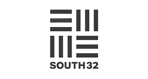 SOUTH 32 company logo. Brand mark of four quadrants of three lines each on top and the text 'SOUTH 32' on the bottom