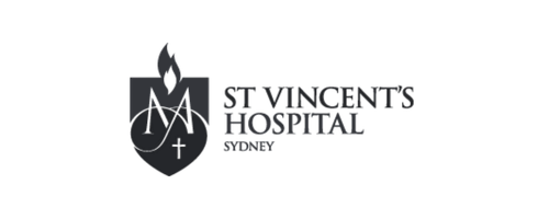 St Vincent's Hospital Sydney logo with shield emblem and stylized cross and flame.