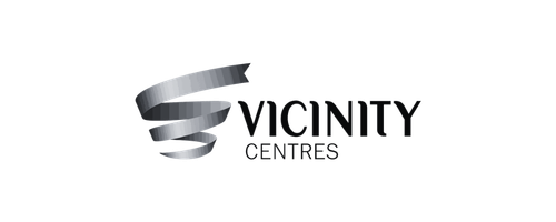 Vicinity Centres text logo with a three-dimensional grey spiral design to the left of the text.
