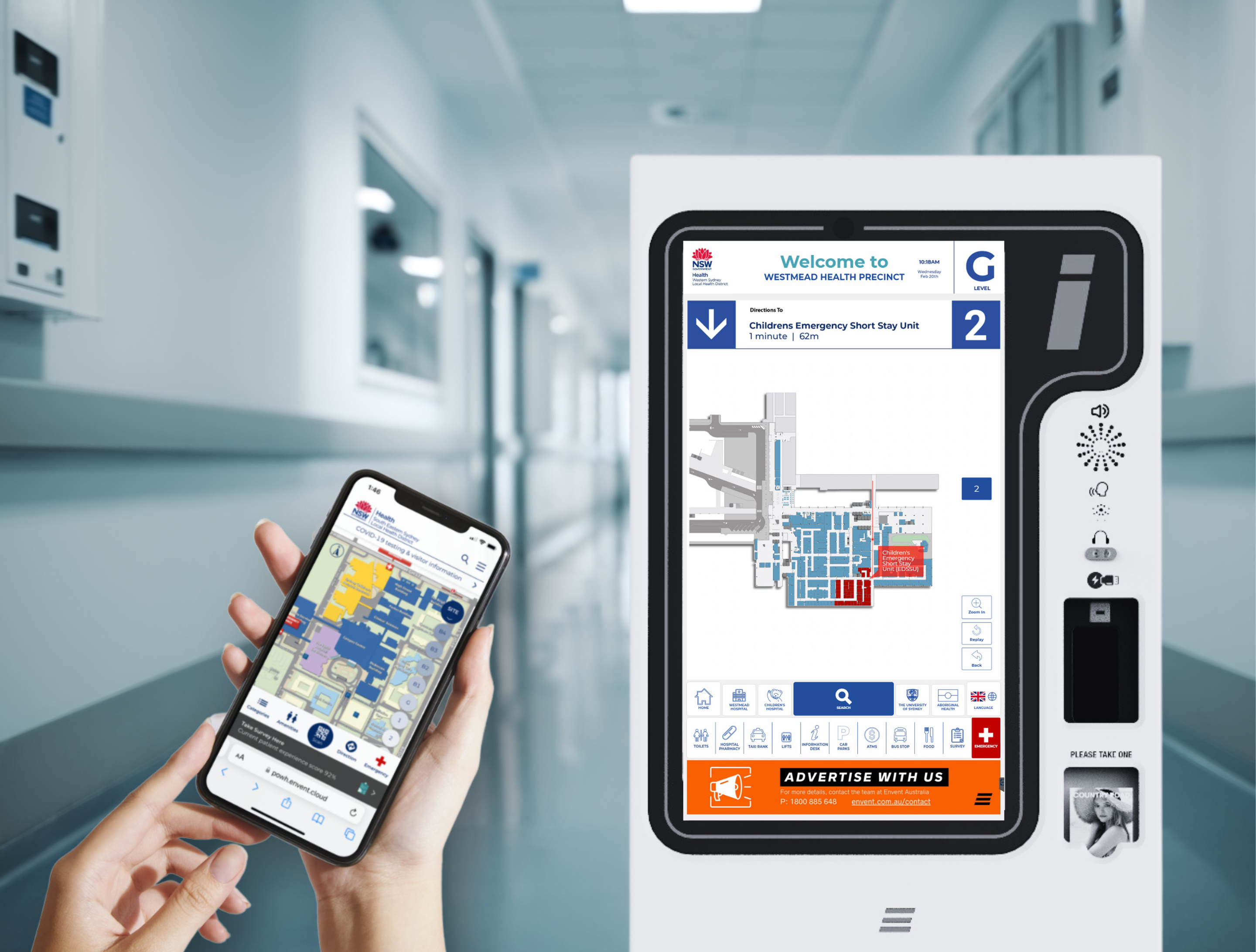 Hand holding smartphone showing hospital map next to a digital kiosk with a similar hospital map on screen.